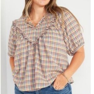 Old Navy Blouse Top Women's Size Large Multi Dobby Gingham Plaid Preppy